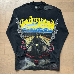 GodSpeed Washed Black Motorcycle Graphic Long Sleeve T-Shirt