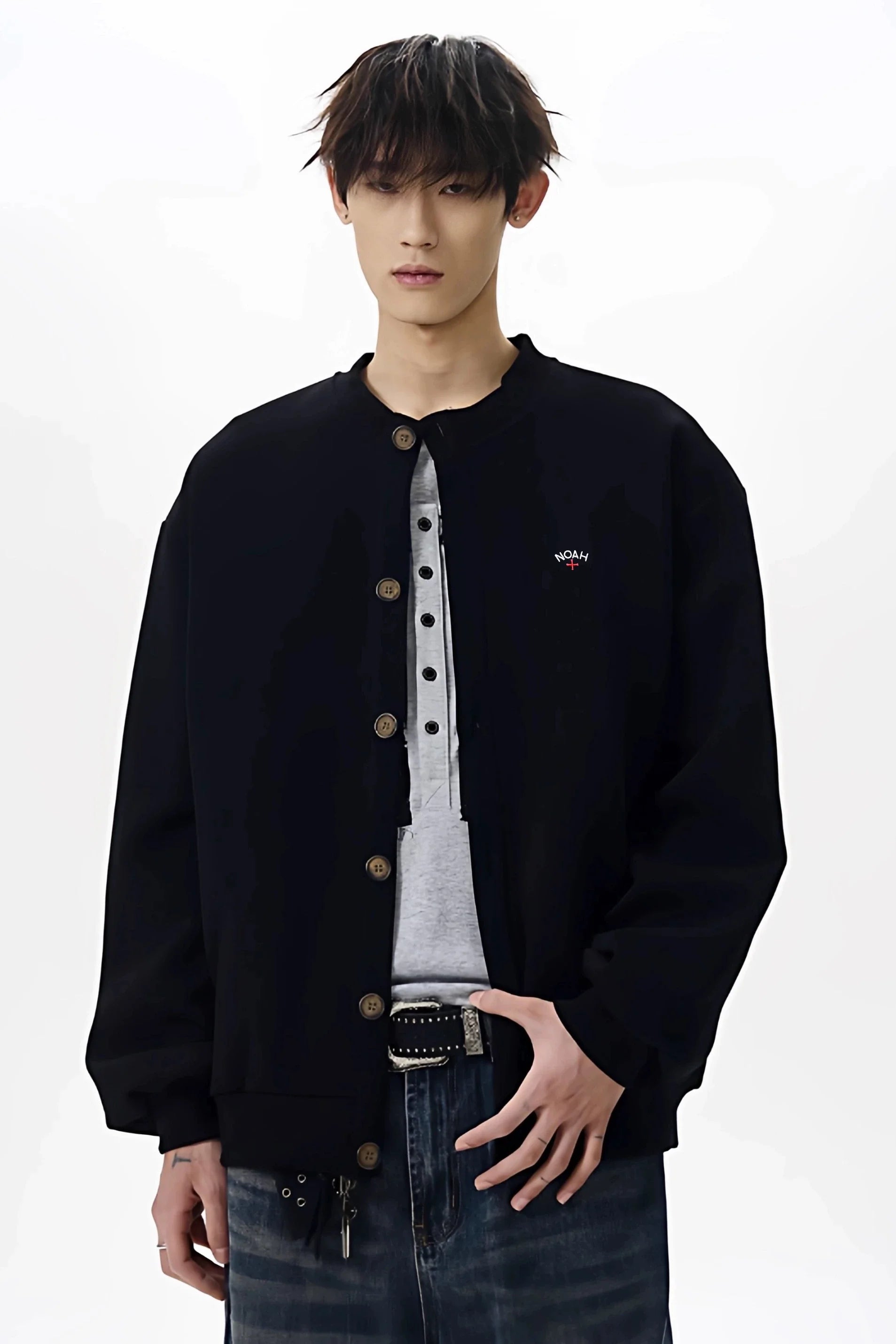 NOAH MARS Men Oversized Zip Cardigan Sweatshirt Chest Cross Embroidery Logo