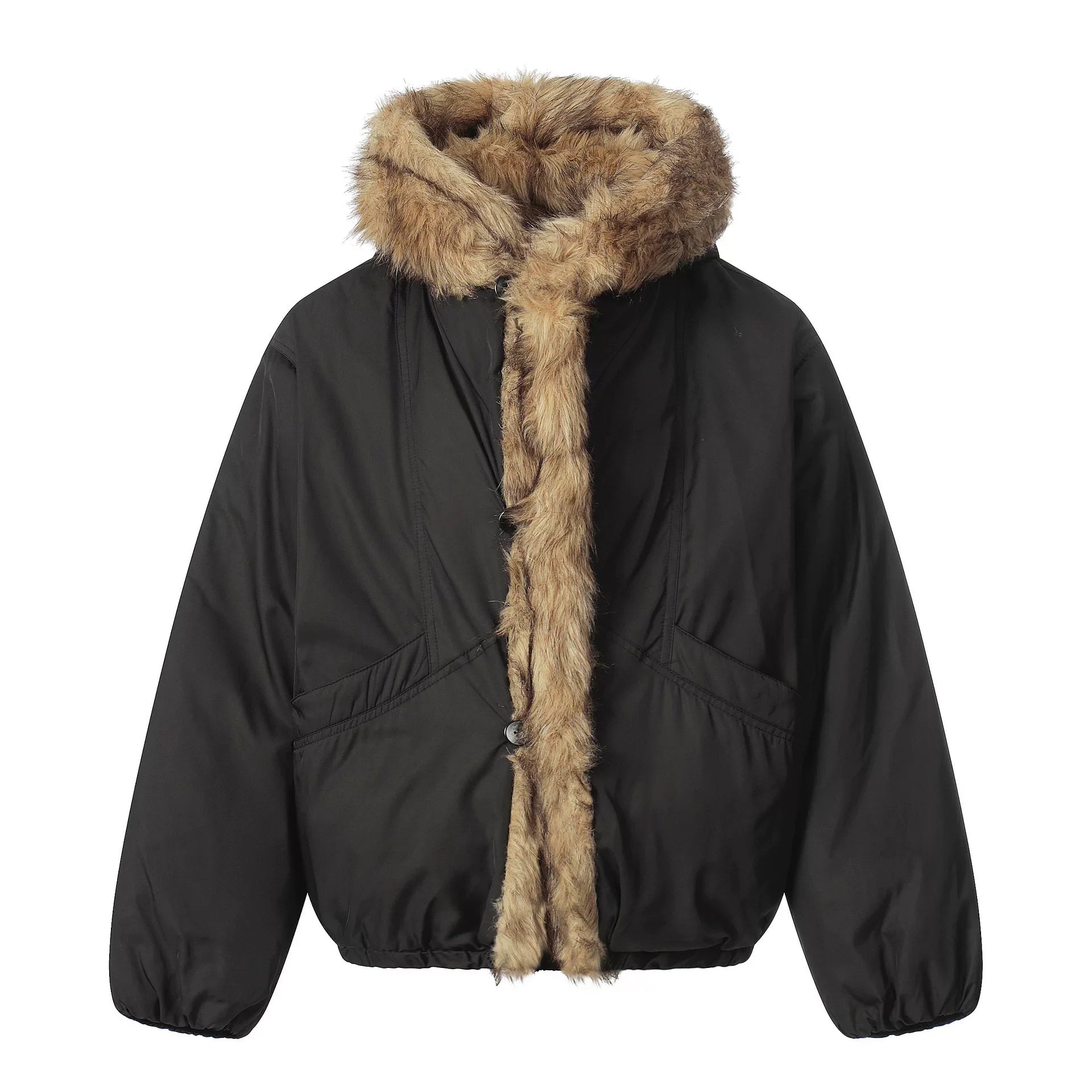 NOAH MARS Old Money Fur Collar Short Hooded Mountain Graphic Warm Cotton Jacket